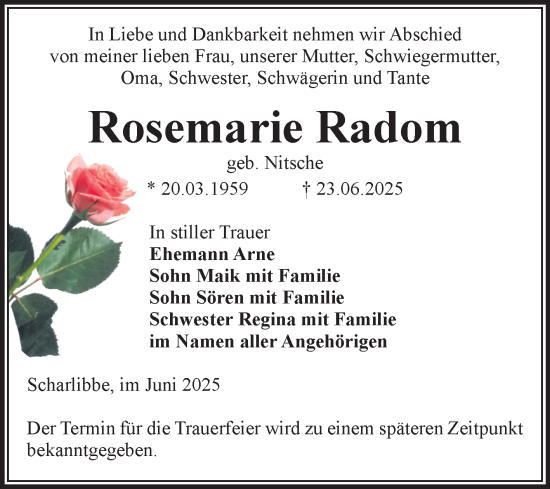 Traueranzeige von Rosemarie Radom von Volksstimme Altmark Ost