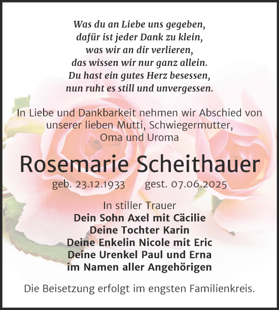 Traueranzeige von Rosemarie Scheithauer von Trauerkombi Wittenberg