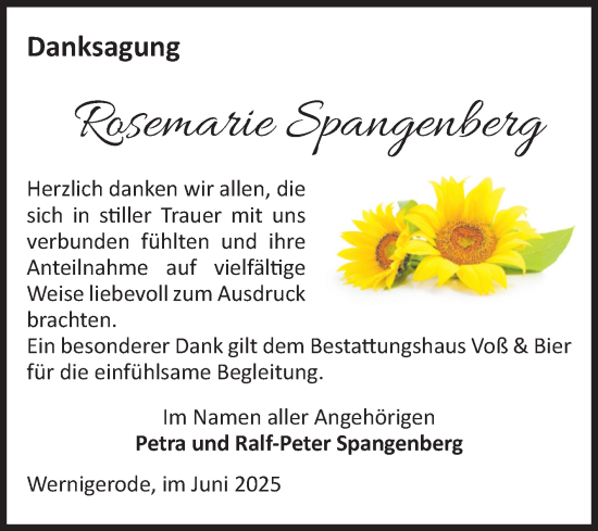 Traueranzeige von Rosemarie Spangenberg von Volksstimme Wernigerode