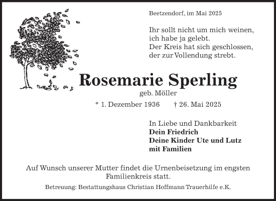 Traueranzeige von Rosemarie Sperling von Volksstimme Altmark West