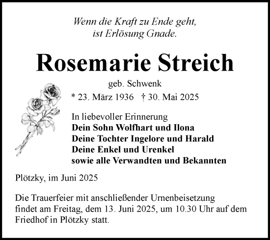 Traueranzeige von Rosemarie Streich von Volksstimme Schönebeck