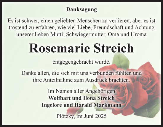 Traueranzeige von Rosemarie Streich von Volksstimme Schönebeck