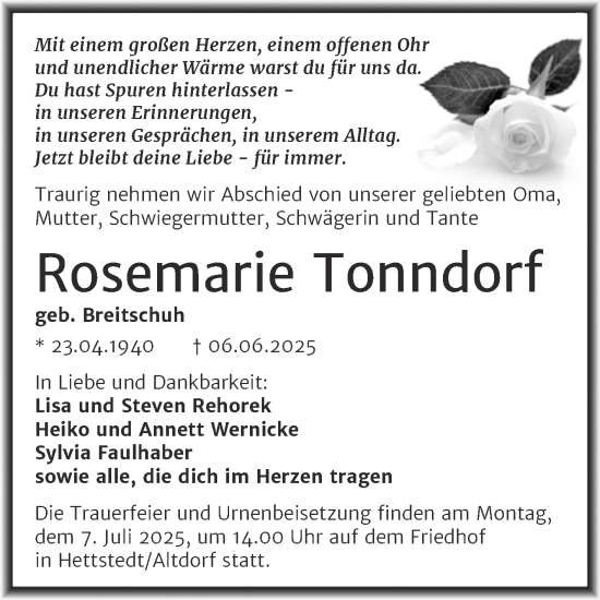 Traueranzeige von Rosemarie Tonndorf von Trauerkombi Mansfelder Land