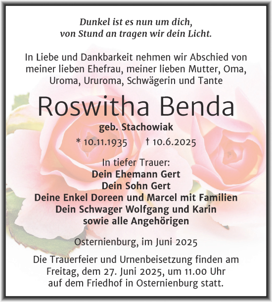 Traueranzeige von Roswitha Benda von Trauerkombi Köthen