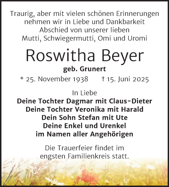 Traueranzeige von Roswitha Beyer von Trauerkombi Weißenfels