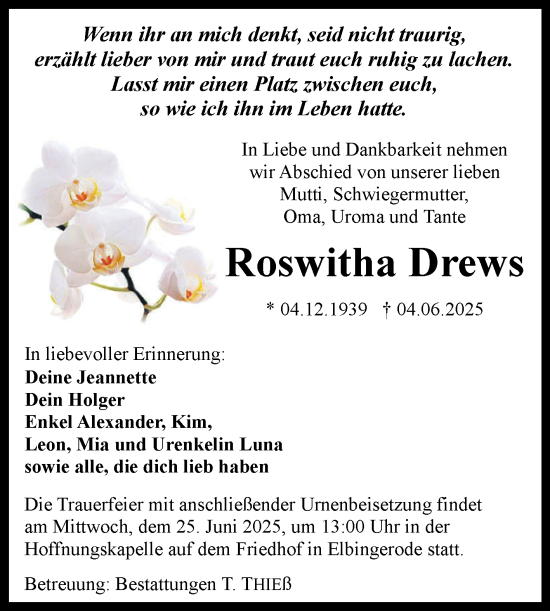 Traueranzeige von Roswitha Drews von Volksstimme Wernigerode