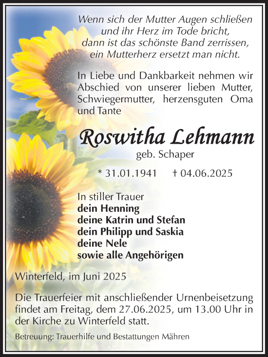 Traueranzeige von Roswitha Lehmann von Volksstimme Altmark West
