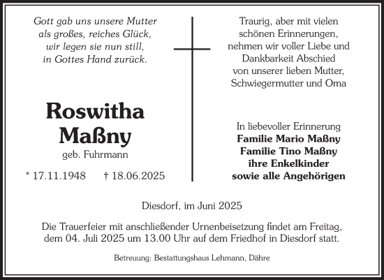 Traueranzeige von Roswitha Maßny von Volksstimme Altmark West