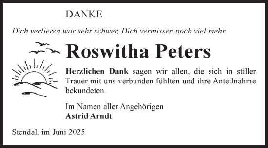 Traueranzeige von Roswitha Peters von Volksstimme Altmark Ost