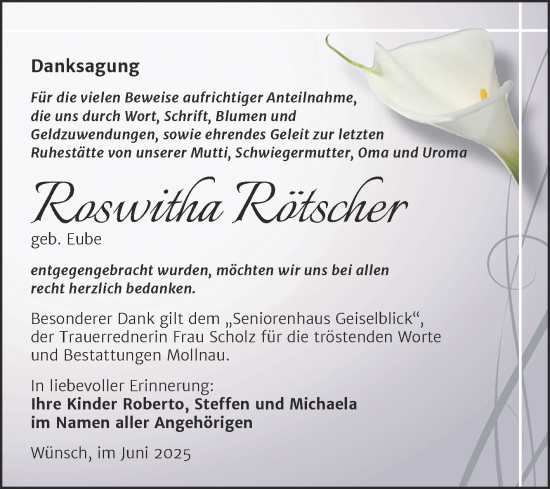 Traueranzeige von Roswitha Rötscher von Trauerkombi Merseburg