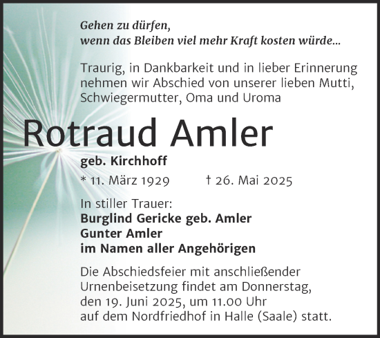 Traueranzeige von Rotraud Amler von Mitteldeutsche Zeitung Halle/Saalkreis