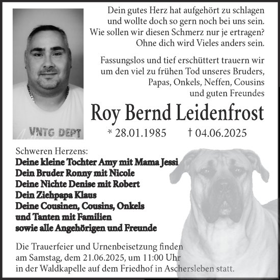 Traueranzeige von Roy Bernd Leidenfrost von Trauerkombi Aschersleben