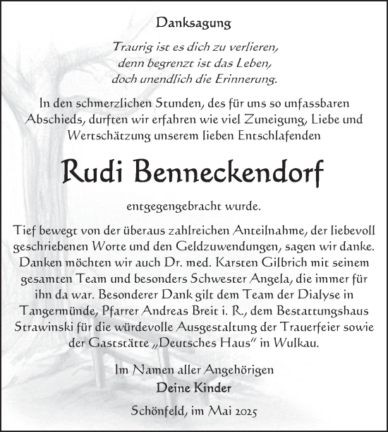Traueranzeige von Rudi Benneckendorf von Volksstimme Altmark Ost