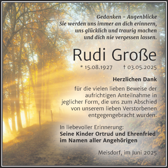 Traueranzeige von Rudi Große von Trauerkombi Quedlinburg