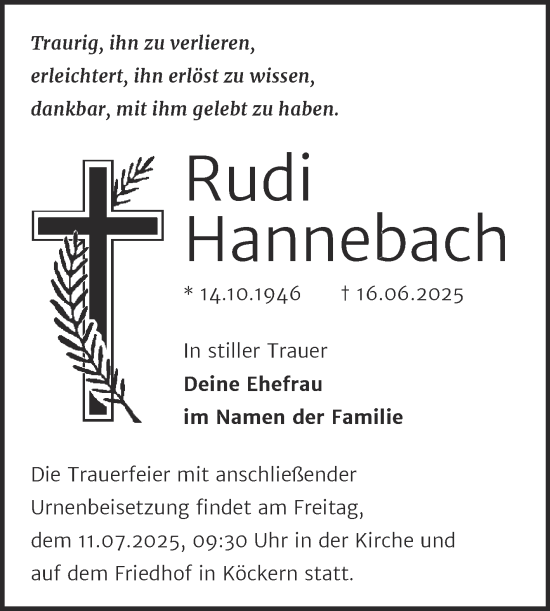 Traueranzeige von Rudi Hannebach von Trauerkombi Bitterfeld