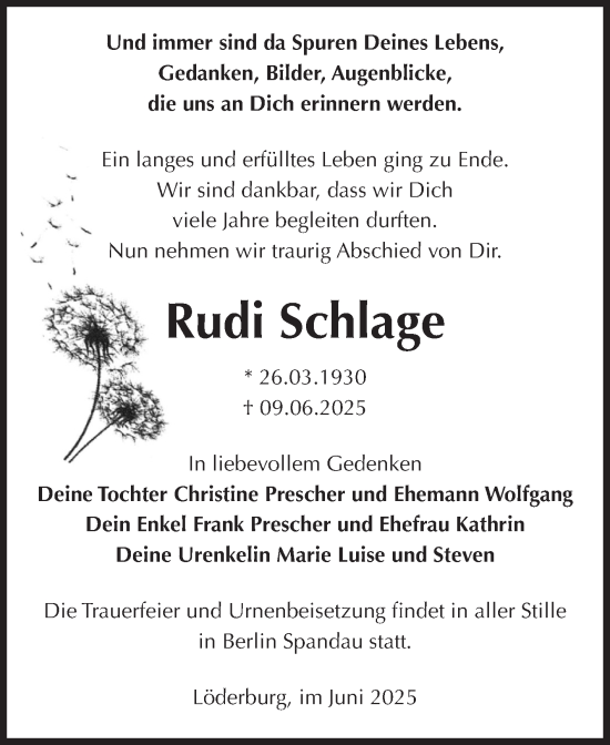 Traueranzeige von Rudi Schlage von Volksstimme Staßfurt