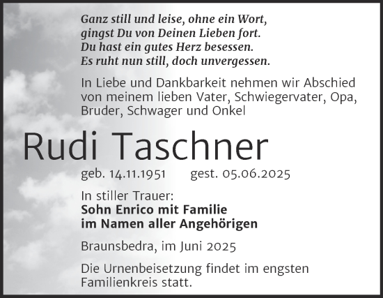 Traueranzeige von Rudi Taschner von Trauerkombi Merseburg