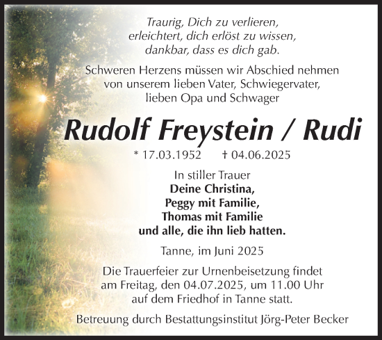 Traueranzeige von Rudolf Freystein von Volksstimme Wernigerode
