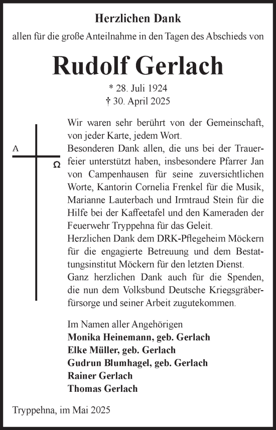 Traueranzeige von Rudolf Gerlach von Volksstimme Burg/Genthin
