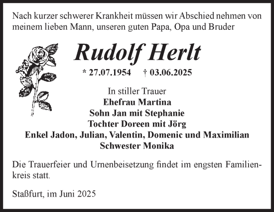 Traueranzeige von Rudolf Herlt von Volksstimme Staßfurt