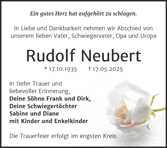 Traueranzeige von Rudolf Neubert von Trauerkombi Dessau