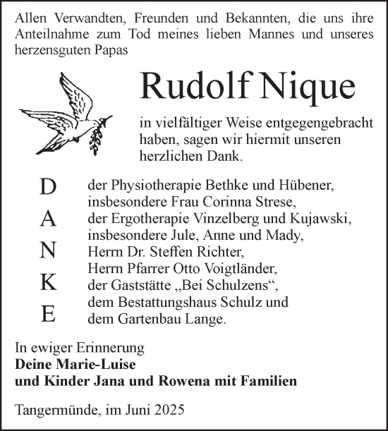 Traueranzeige von Rudolf Nique von Volksstimme Altmark Ost