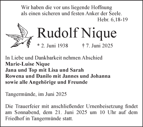 Traueranzeige von Rudolf Nique von Volksstimme Altmark Ost