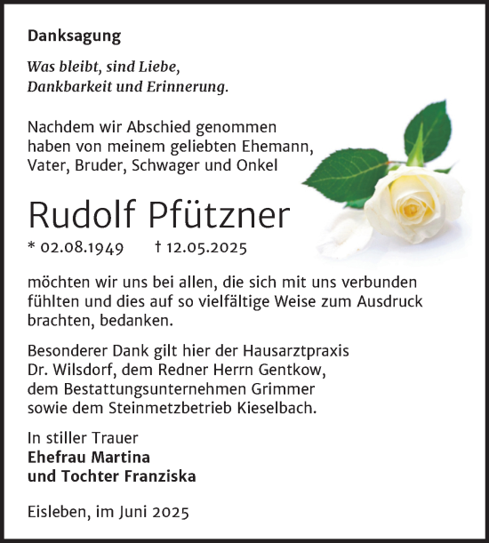 Traueranzeige von Rudolf Pfützner von Trauerkombi Mansfelder Land