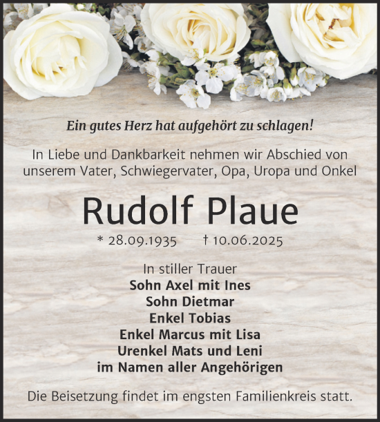 Traueranzeige von Rudolf Plaue von Trauerkombi Bernburg