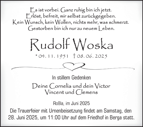 Traueranzeige von Rudolf Woska von Trauerkombi Sangerhausen