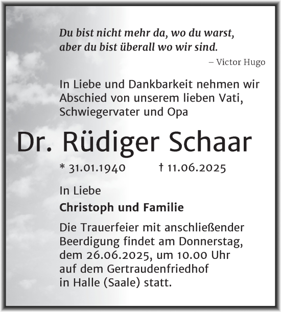 Traueranzeige von Rüdiger Schaar von Mitteldeutsche Zeitung Halle/Saalkreis