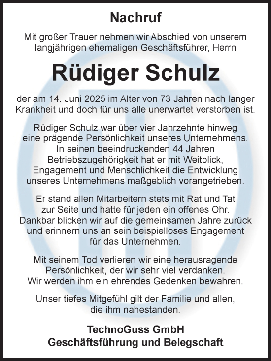 Traueranzeige von Rüdiger Schulz von Volksstimme Altmark Ost