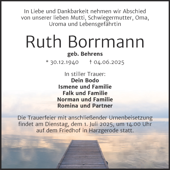 Traueranzeige von Ruth Borrmann von Trauerkombi Quedlinburg