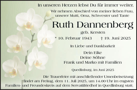 Traueranzeige von Ruth Dannenberg von Trauerkombi Quedlinburg