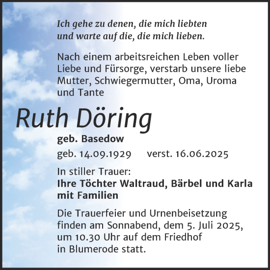 Traueranzeige von Ruth Döring von Trauerkombi Mansfelder Land
