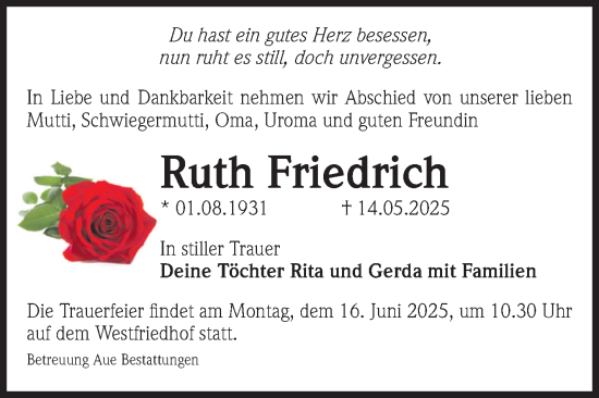 Traueranzeige von Ruth Friedrich von Volksstimme Magdeburg