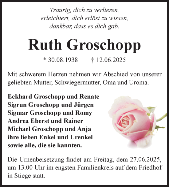 Traueranzeige von Ruth Groschopp von Volksstimme Wernigerode