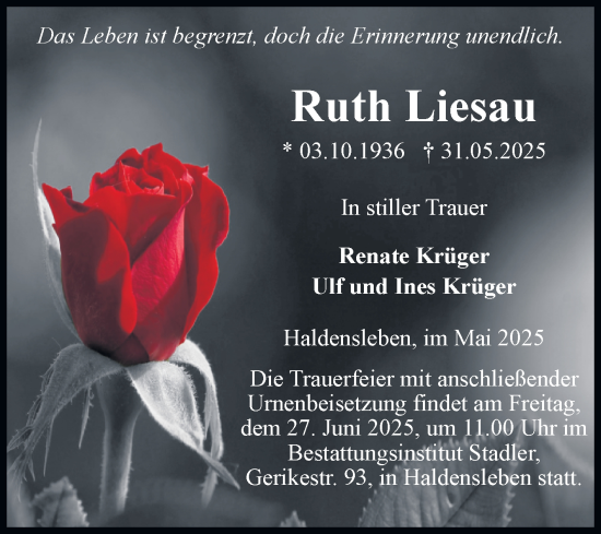 Traueranzeige von Ruth Liesau von Volksstimme Haldensleben/Wolmirstedt