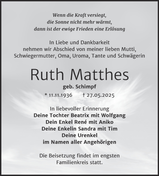 Traueranzeige von Ruth Matthes von Trauerkombi Mansfelder Land