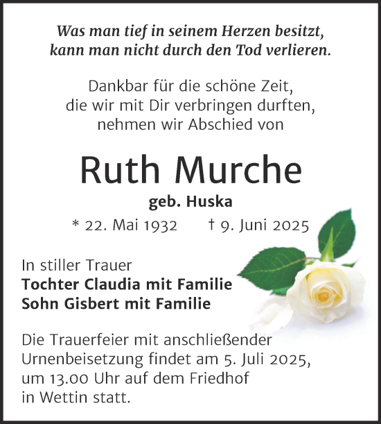 Traueranzeige von Ruth Murche von Mitteldeutsche Zeitung Halle/Saalkreis