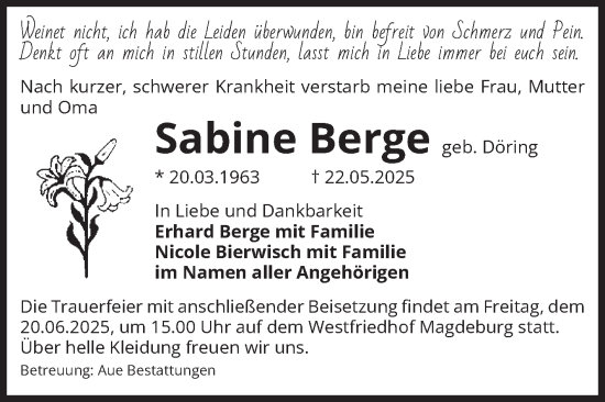 Traueranzeige von Sabine Berge von Volksstimme Magdeburg