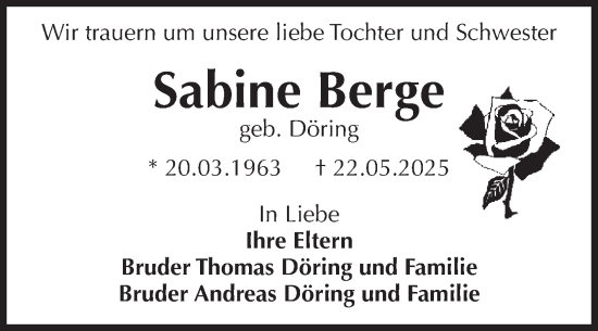 Traueranzeige von Sabine Berge von Volksstimme Magdeburg