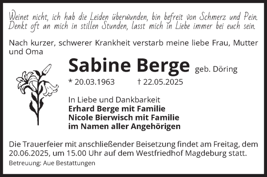 Traueranzeige von Sabine Berge von Volksstimme Staßfurt