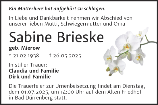 Traueranzeige von Sabine Brieske von Trauerkombi Merseburg