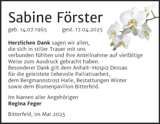 Traueranzeige von Sabine Förster von Trauerkombi Bitterfeld