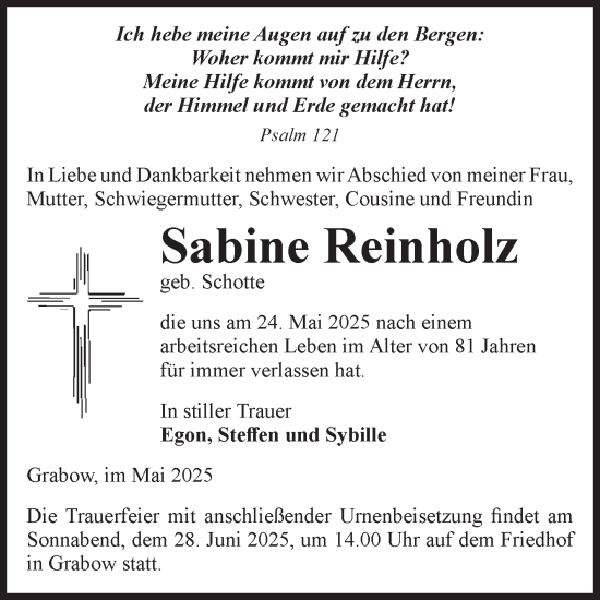 Traueranzeige von Sabine Reinholz von Volksstimme Burg/Genthin