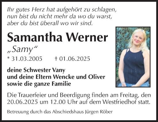Traueranzeige von Samantha Werner von Volksstimme Magdeburg