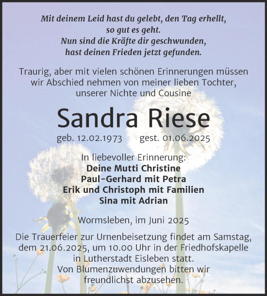 Traueranzeige von Sandra Riese von Mitteldeutsche Zeitung Mansfelder Land