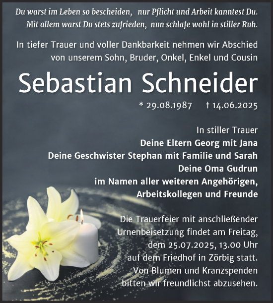 Traueranzeige von Sebastian Schneider von Trauerkombi Bitterfeld