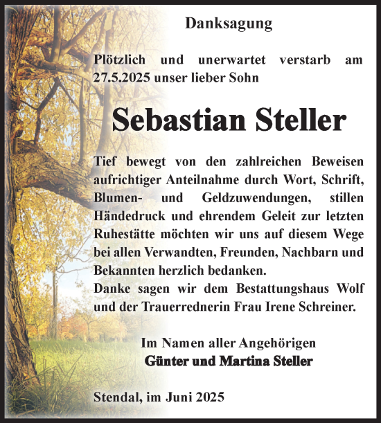 Traueranzeige von Sebastian Steller von Volksstimme Altmark Ost